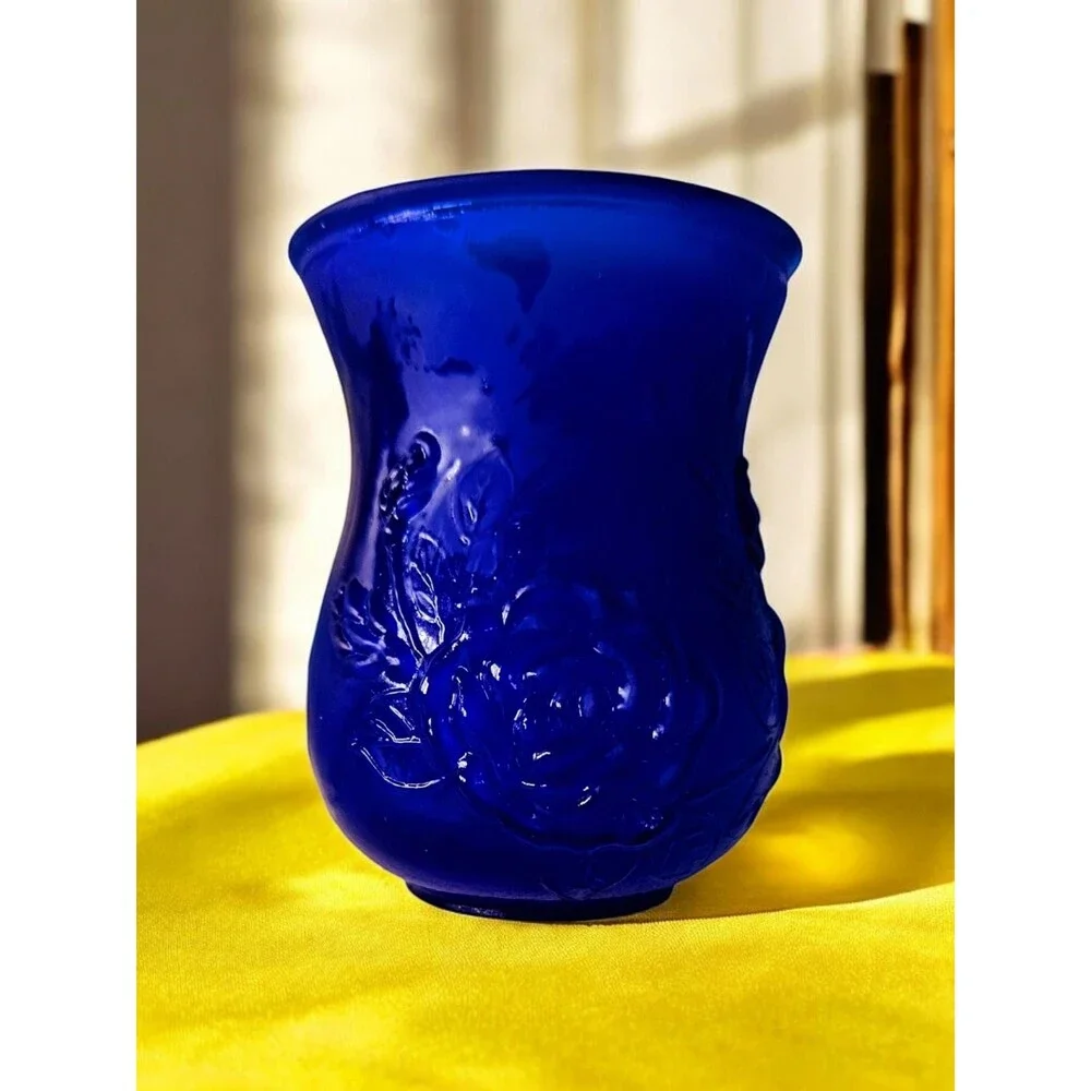 Vintage Cobalt Blue Glass Vase, Rose Design Decor